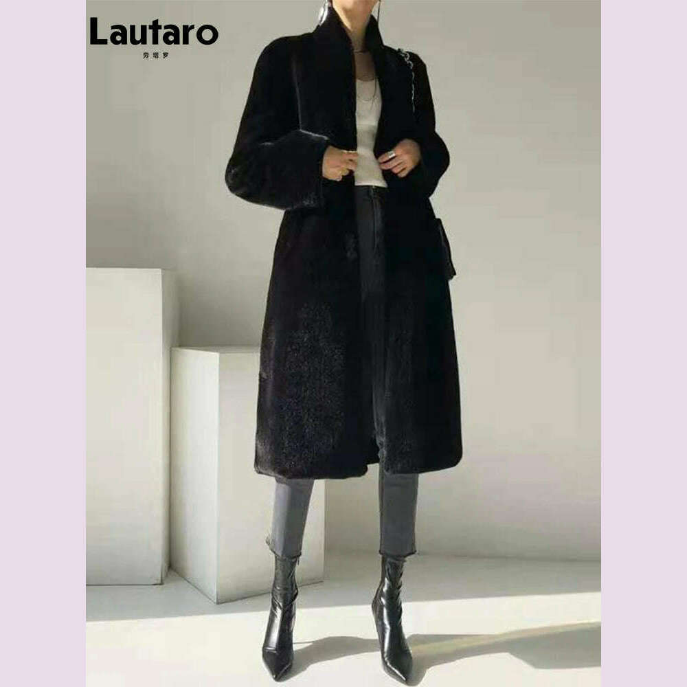 KIMLUD, Lautaro Winter Long Black Luxury Elegant Stylish Thick Warm Fluffy Hairy Soft Faux Mink Fur Coat Women Stand Collar Sashes 2023, KIMLUD Womens Clothes
