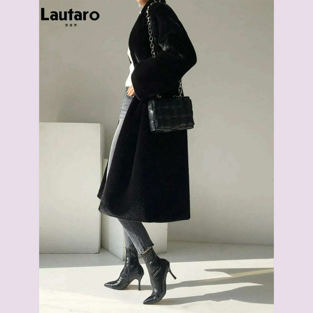 KIMLUD, Lautaro Winter Long Black Luxury Elegant Stylish Thick Warm Fluffy Hairy Soft Faux Mink Fur Coat Women Stand Collar Sashes 2023, KIMLUD Womens Clothes