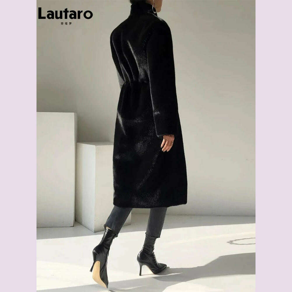 KIMLUD, Lautaro Winter Long Black Luxury Elegant Stylish Thick Warm Fluffy Hairy Soft Faux Mink Fur Coat Women Stand Collar Sashes 2023, KIMLUD Womens Clothes