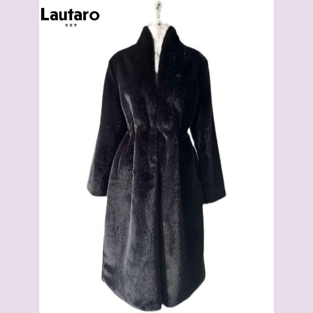 KIMLUD, Lautaro Winter Long Black Luxury Elegant Stylish Thick Warm Fluffy Hairy Soft Faux Mink Fur Coat Women Stand Collar Sashes 2023, KIMLUD Womens Clothes
