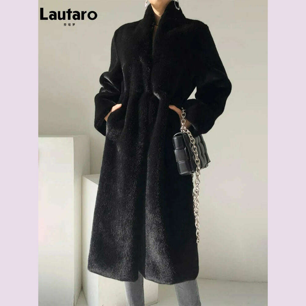 KIMLUD, Lautaro Winter Long Black Luxury Elegant Stylish Thick Warm Fluffy Hairy Soft Faux Mink Fur Coat Women Stand Collar Sashes 2023, KIMLUD Womens Clothes