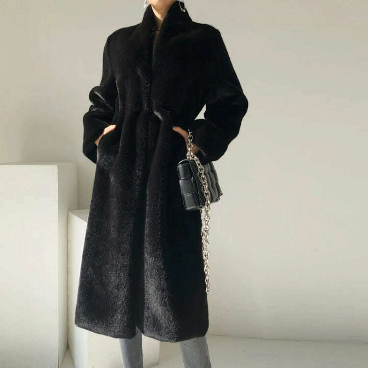 KIMLUD, Lautaro Winter Long Black Luxury Elegant Stylish Thick Warm Fluffy Hairy Soft Faux Mink Fur Coat Women Stand Collar Sashes 2023, KIMLUD Womens Clothes