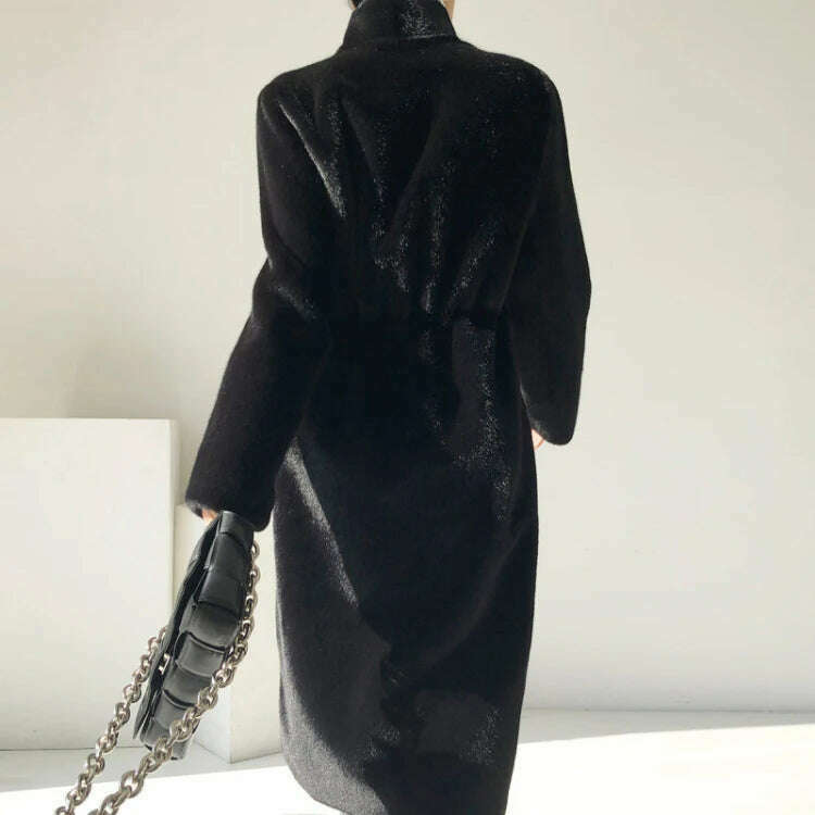 KIMLUD, Lautaro Winter Long Black Luxury Elegant Stylish Thick Warm Fluffy Hairy Soft Faux Mink Fur Coat Women Stand Collar Sashes 2023, KIMLUD Womens Clothes