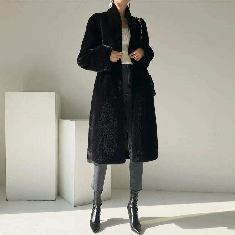 KIMLUD, Lautaro Winter Long Black Luxury Elegant Stylish Thick Warm Fluffy Hairy Soft Faux Mink Fur Coat Women Stand Collar Sashes 2023, KIMLUD Womens Clothes
