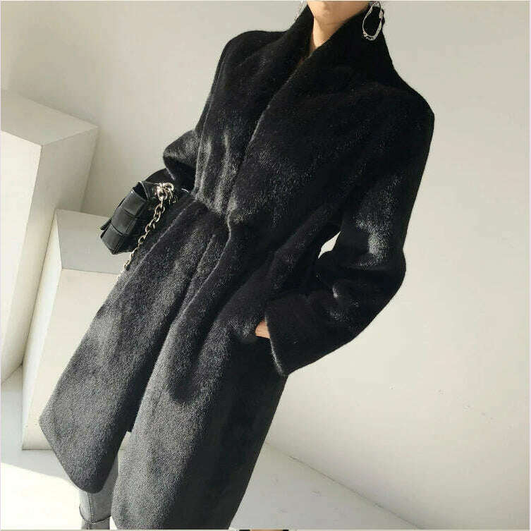 KIMLUD, Lautaro Winter Long Black Luxury Elegant Stylish Thick Warm Fluffy Hairy Soft Faux Mink Fur Coat Women Stand Collar Sashes 2023, KIMLUD Womens Clothes