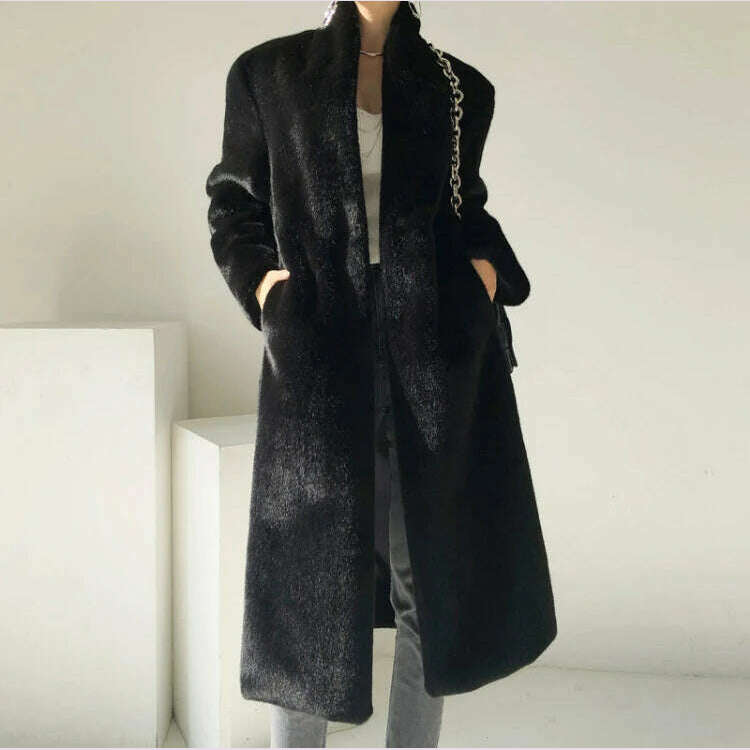 KIMLUD, Lautaro Winter Long Black Luxury Elegant Stylish Thick Warm Fluffy Hairy Soft Faux Mink Fur Coat Women Stand Collar Sashes 2023, KIMLUD Womens Clothes