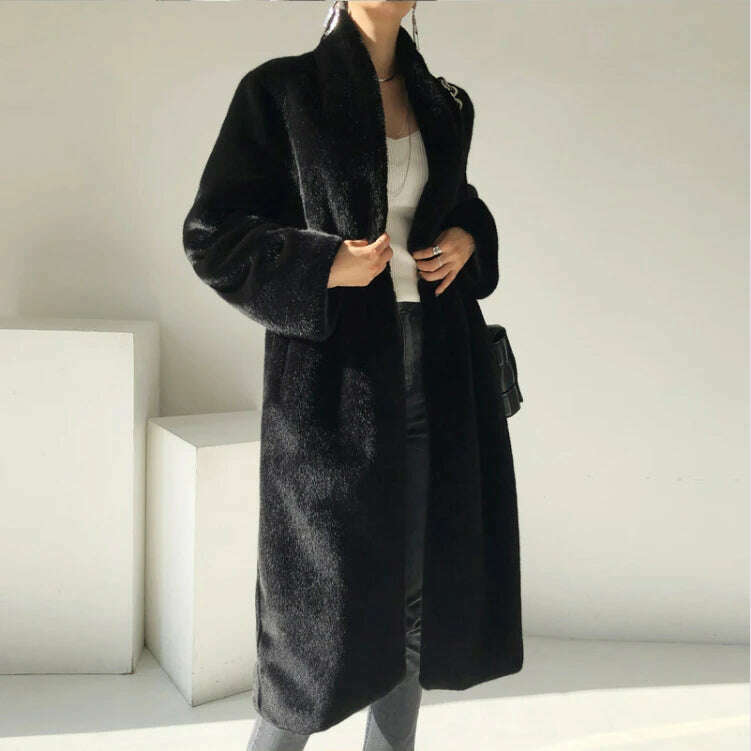 KIMLUD, Lautaro Winter Long Black Luxury Elegant Stylish Thick Warm Fluffy Hairy Soft Faux Mink Fur Coat Women Stand Collar Sashes 2023, KIMLUD Womens Clothes