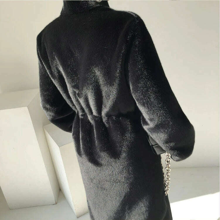 KIMLUD, Lautaro Winter Long Black Luxury Elegant Stylish Thick Warm Fluffy Hairy Soft Faux Mink Fur Coat Women Stand Collar Sashes 2023, KIMLUD Womens Clothes