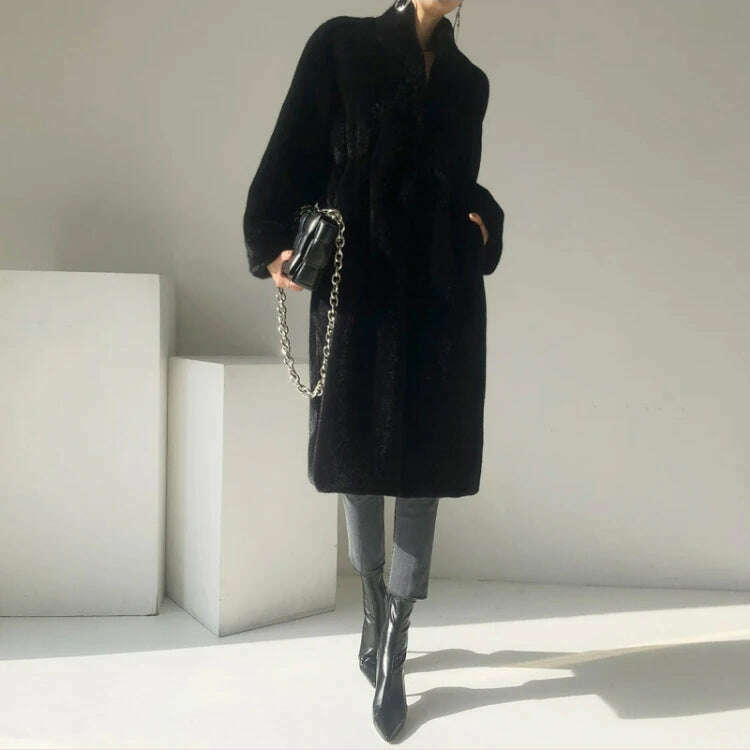 KIMLUD, Lautaro Winter Long Black Luxury Elegant Stylish Thick Warm Fluffy Hairy Soft Faux Mink Fur Coat Women Stand Collar Sashes 2023, KIMLUD Womens Clothes