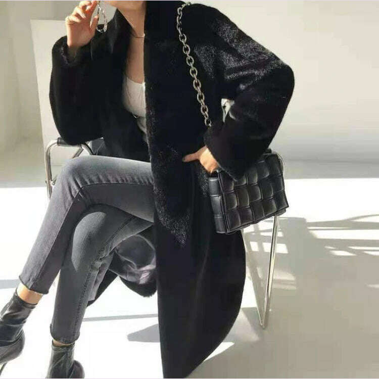 KIMLUD, Lautaro Winter Long Black Luxury Elegant Stylish Thick Warm Fluffy Hairy Soft Faux Mink Fur Coat Women Stand Collar Sashes 2023, KIMLUD Womens Clothes