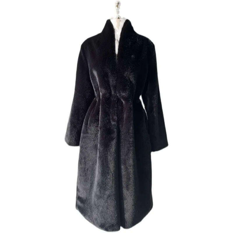 KIMLUD, Lautaro Winter Long Black Luxury Elegant Stylish Thick Warm Fluffy Hairy Soft Faux Mink Fur Coat Women Stand Collar Sashes 2023, Black / S, KIMLUD APPAREL - Womens Clothes