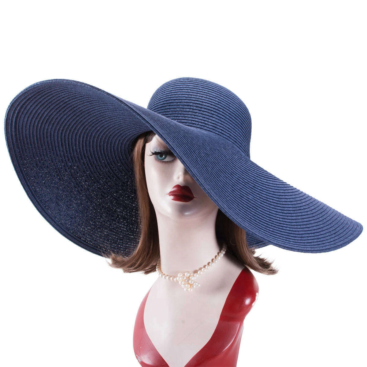 KIMLUD, Lawliet 7.1''/18cm Foldable Oversized Huge Wide Brim Sun Beach Straw Hats Wedding Womens Floppy Party Dressy A330, Navy Blue / CHINA, KIMLUD Womens Clothes