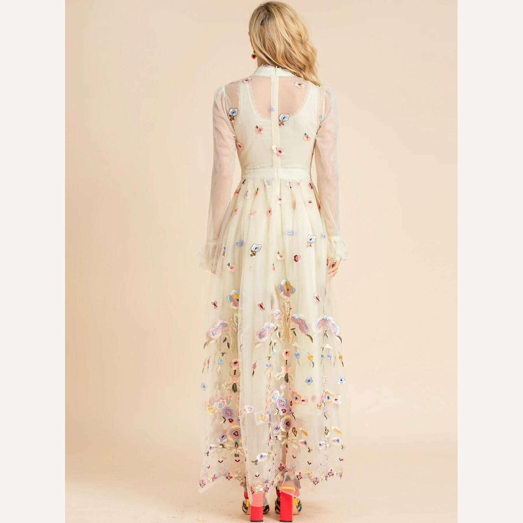 KIMLUD, LD LINDA DELLA 2022 Summer Runway Maxi Vintage Party Dress Women's Stand collar Flare Sleeve Mesh Flowers Embroidery Long Dress, KIMLUD Womens Clothes