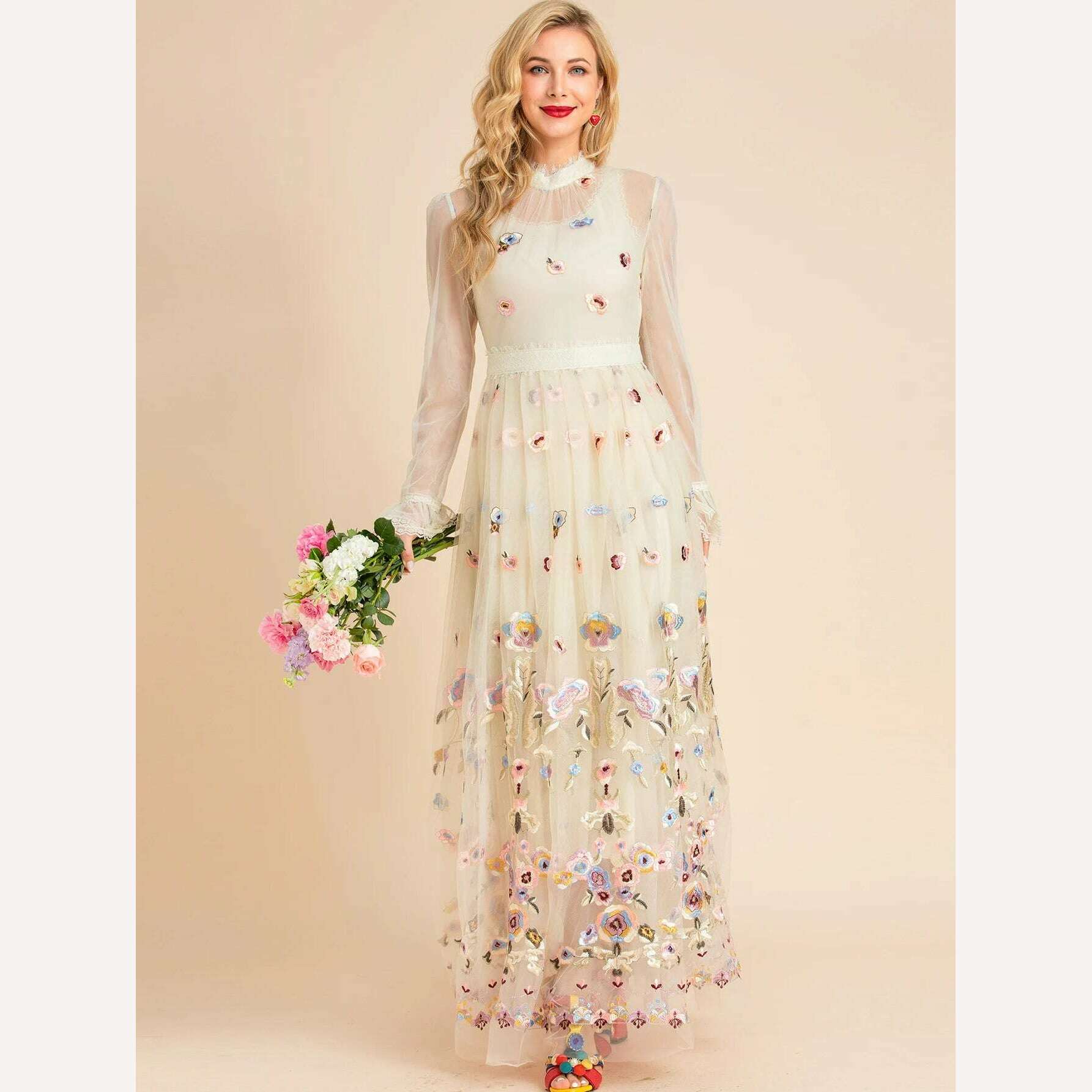 KIMLUD, LD LINDA DELLA 2022 Summer Runway Maxi Vintage Party Dress Women's Stand collar Flare Sleeve Mesh Flowers Embroidery Long Dress, KIMLUD Womens Clothes