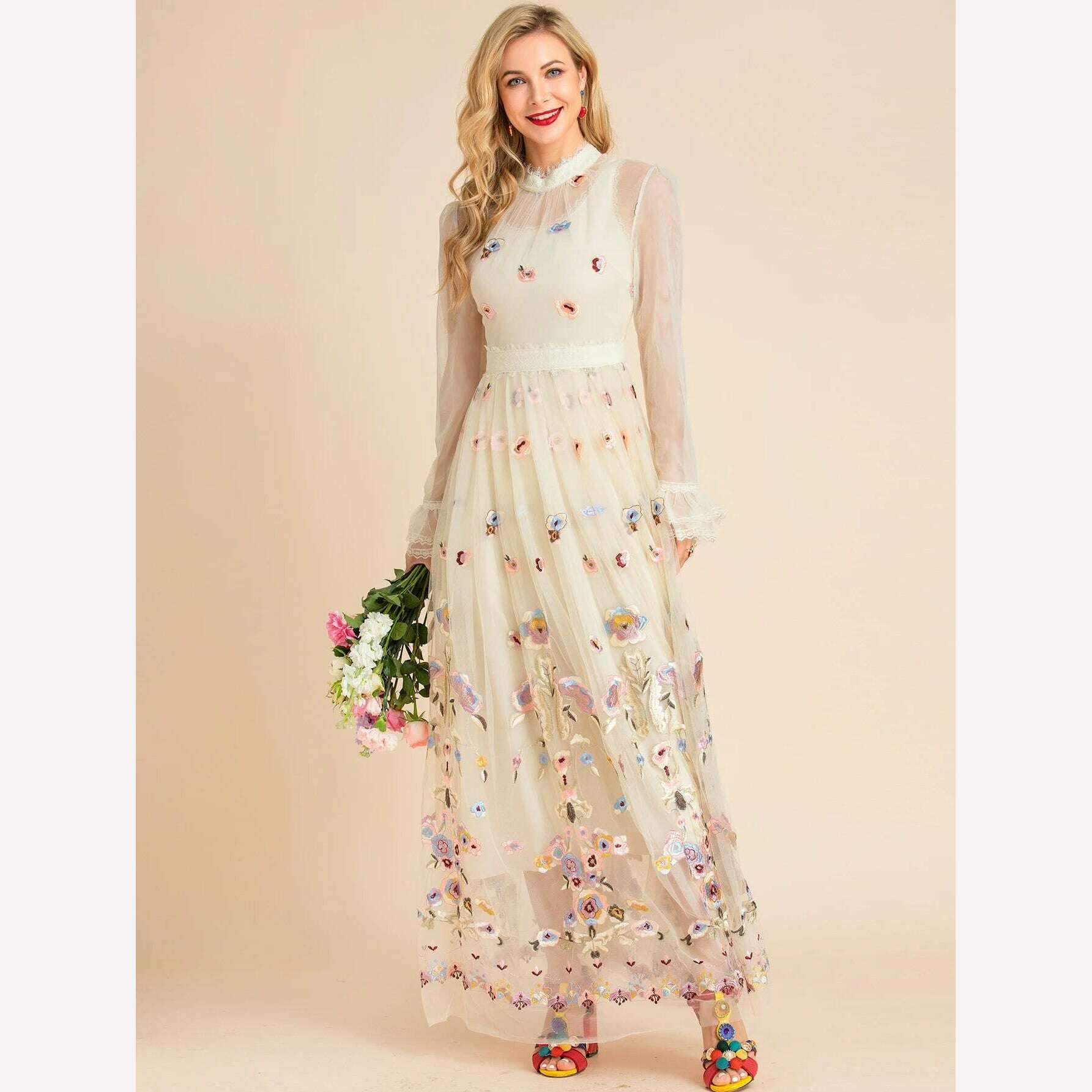 KIMLUD, LD LINDA DELLA 2022 Summer Runway Maxi Vintage Party Dress Women's Stand collar Flare Sleeve Mesh Flowers Embroidery Long Dress, KIMLUD Women's Clothes