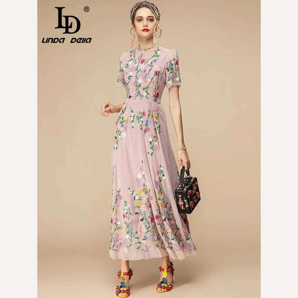 KIMLUD, LD LINDA DELLA Fashion Designer 2023 Summer New Dress Women Short sleeve Pink Mesh Flowers Embroidery Vintage Party Long Dress, KIMLUD Women's Clothes