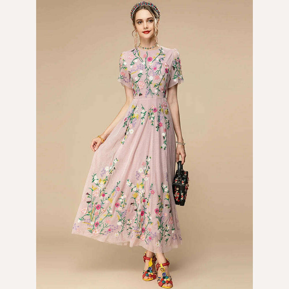 KIMLUD, LD LINDA DELLA Fashion Designer 2023 Summer New Dress Women Short sleeve Pink Mesh Flowers Embroidery Vintage Party Long Dress, Pink / S / CHINA, KIMLUD Womens Clothes