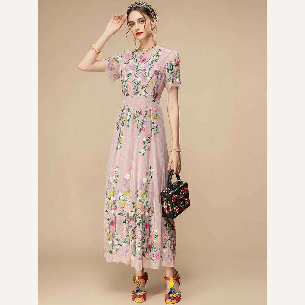 KIMLUD, LD LINDA DELLA Fashion Designer 2023 Summer New Dress Women Short sleeve Pink Mesh Flowers Embroidery Vintage Party Long Dress, KIMLUD Womens Clothes