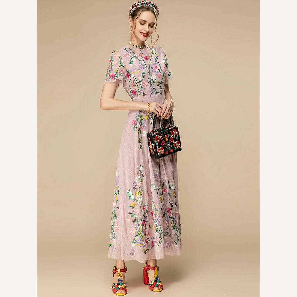 KIMLUD, LD LINDA DELLA Fashion Designer 2023 Summer New Dress Women Short sleeve Pink Mesh Flowers Embroidery Vintage Party Long Dress, KIMLUD Women's Clothes