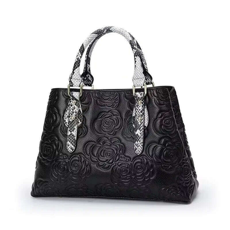 Leather women's bag embossed hand bag large capacity top cowhide one-shoulder cross-body bag - KIMLUD