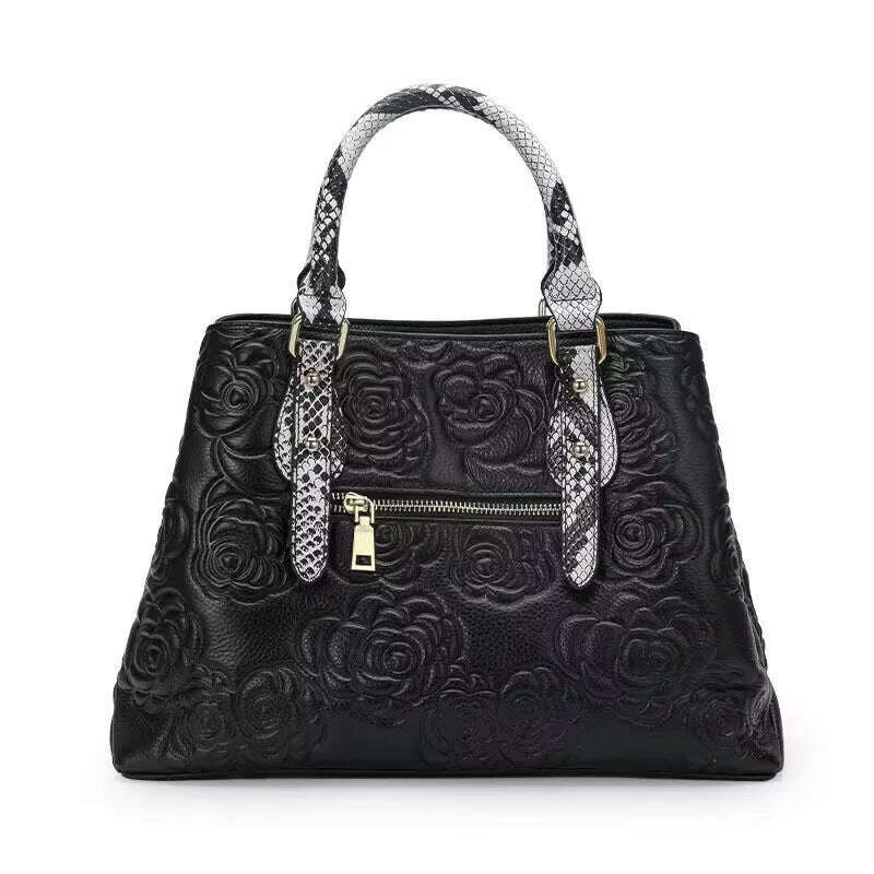 Leather women's bag embossed hand bag large capacity top cowhide one-shoulder cross-body bag - KIMLUD