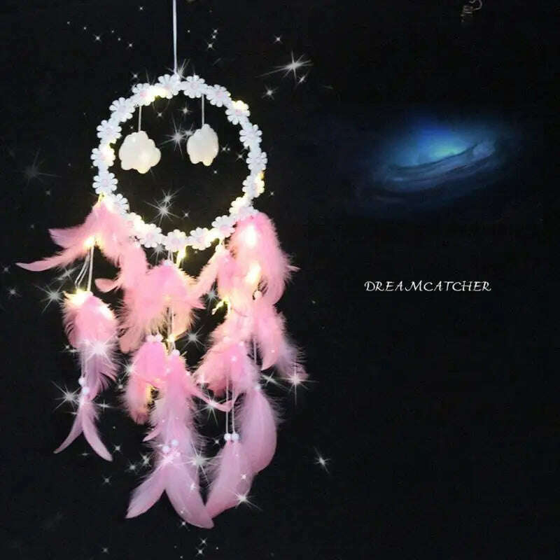 KIMLUD, LED Light Dream Catcher Handmade Deamcatcher Feathers Wall Hanging Decoration Romantic Valentine's Day Gift for Girlfriend, KIMLUD Womens Clothes
