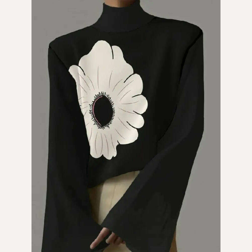 KIMLUD, Lemongor 2023 New Spring Autumn Long Flared Sleeve Flower Print High-Neck Black T-Shirts Fashion Casual Going Out Tops For Women, KIMLUD Womens Clothes