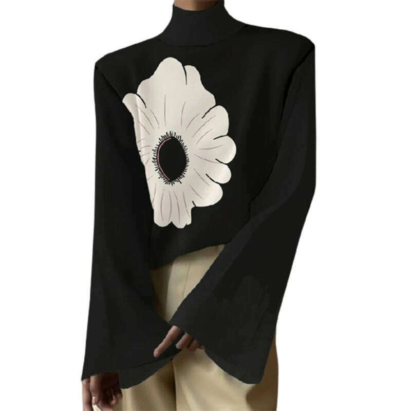 KIMLUD, Lemongor 2023 New Spring Autumn Long Flared Sleeve Flower Print High-Neck Black T-Shirts Fashion Casual Going Out Tops For Women, KIMLUD Womens Clothes