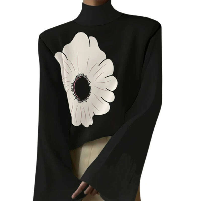 KIMLUD, Lemongor 2023 New Spring Autumn Long Flared Sleeve Flower Print High-Neck Black T-Shirts Fashion Casual Going Out Tops For Women, KIMLUD Womens Clothes