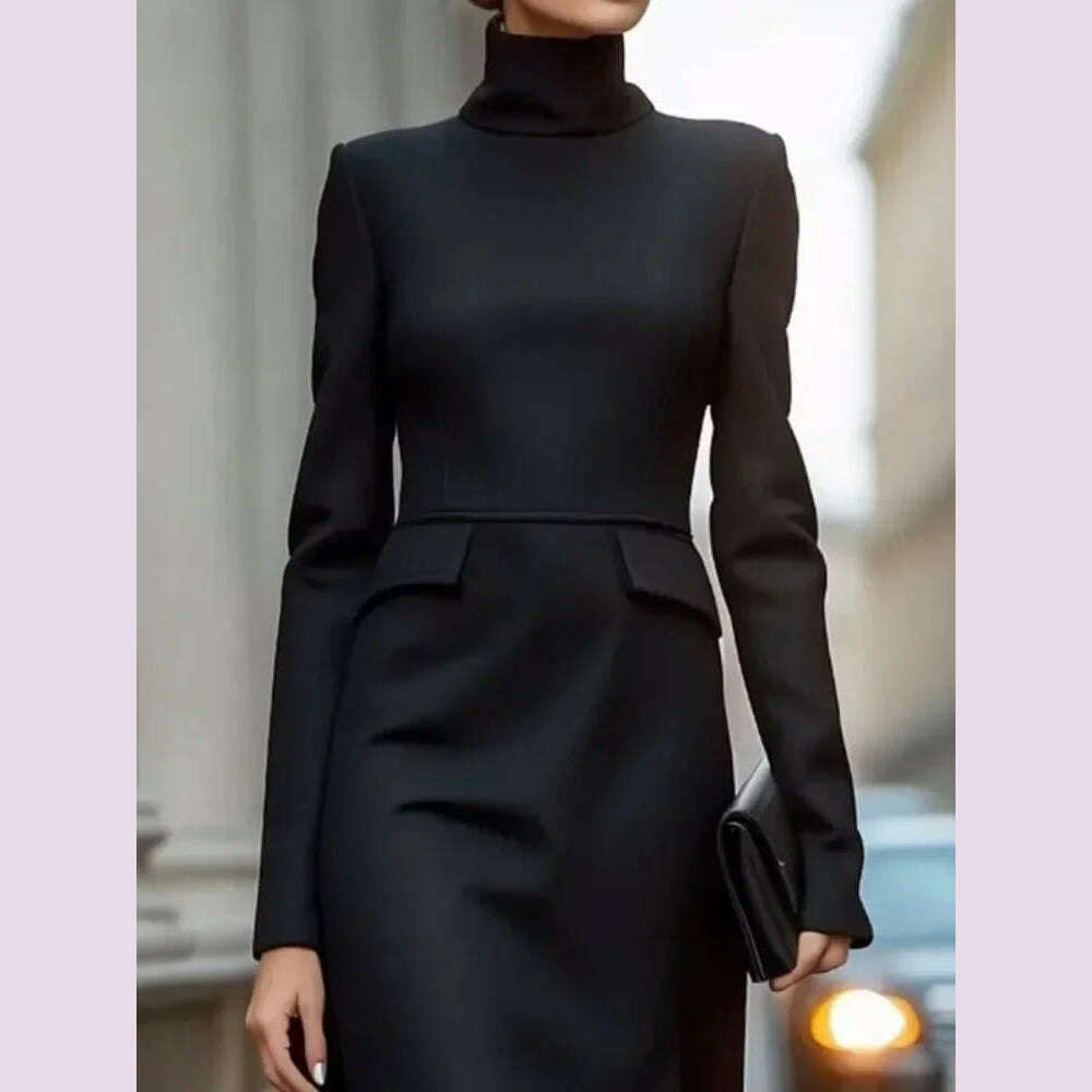 KIMLUD, Lemongor Black Color Asymmetrical High Neck Commute Dress For Women 2025 New Spring Long Sleeves A-line Party Evening Dresses, KIMLUD Womens Clothes