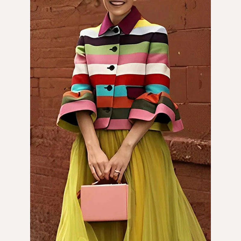 Lemongor Female Stylish Flared Sleeves Multi-Colored Striped Lapel Elegant Jackets Going Out Birthday Party Outerwear For Women, COLORFUL / S, KIMLUD Women's Clothes