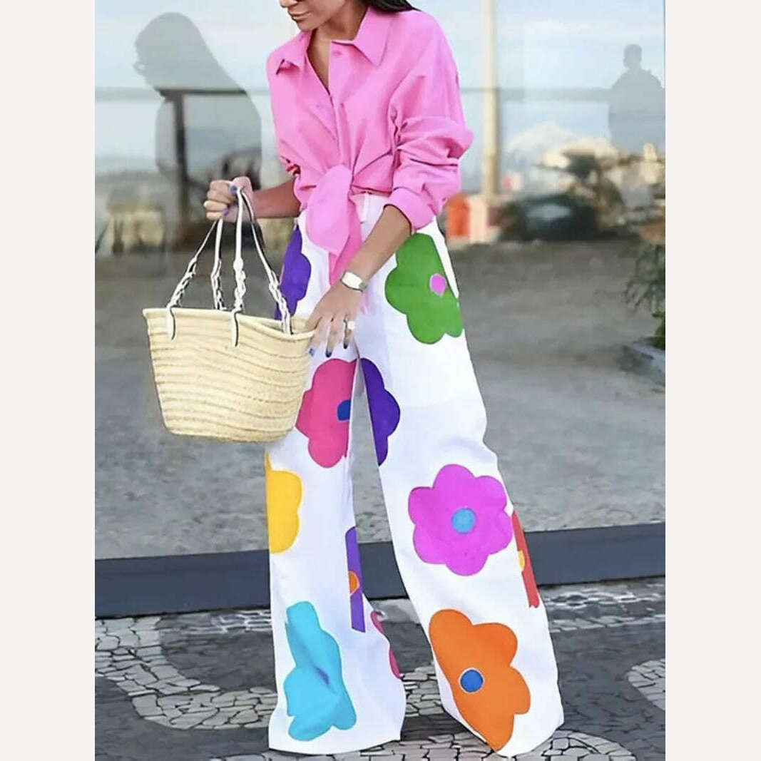 Lemongor Korean Fashion Multi-Colored Floral Printed High Waisted Wide Leg Pants 2023 Summer Casual Bottoms Trousers For Women - KIMLUD