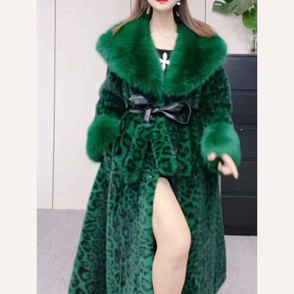 Leopard Print Long Sleeve Faux Fur Coat Female Double Face Wool Leather Warm Waist Trimming Lace Up Casual Fashion Jacket Winter, KIMLUD Women's Clothes