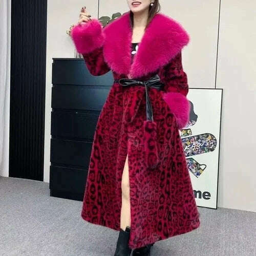 Leopard Print Long Sleeve Faux Fur Coat Female Double Face Wool Leather Warm Waist Trimming Lace Up Casual Fashion Jacket Winter, Rose Red / One Size, KIMLUD Women's Clothes