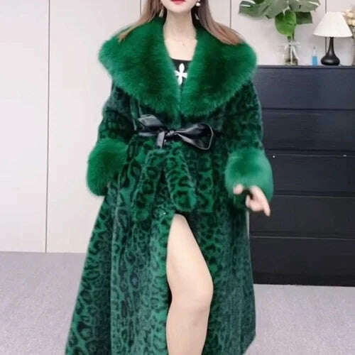 Leopard Print Long Sleeve Faux Fur Coat Female Double Face Wool Leather Warm Waist Trimming Lace Up Casual Fashion Jacket Winter, Green / One Size, KIMLUD Women's Clothes