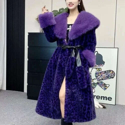 Leopard Print Long Sleeve Faux Fur Coat Female Double Face Wool Leather Warm Waist Trimming Lace Up Casual Fashion Jacket Winter, Purple / One Size, KIMLUD Women's Clothes
