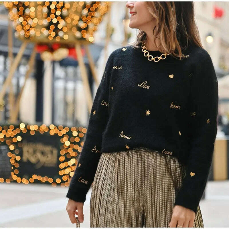 KIMLUD, Letter Printed Chic Knitted Pullover For Women Fashion O Neck Long Sleeve Loose Sweater 2024 Spring Female Causal Street Jumper, KIMLUD Womens Clothes