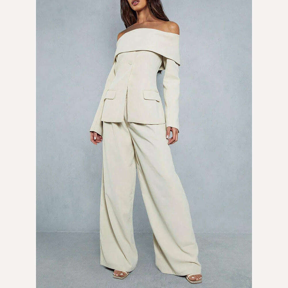 KIMLUD, LGRQ Solid Minimalist Blazers Women Slash Neck Long Sleeve Off Shoulder Spliced Button Temperament Blazer Female Fashion 19Z1878, KIMLUD Womens Clothes