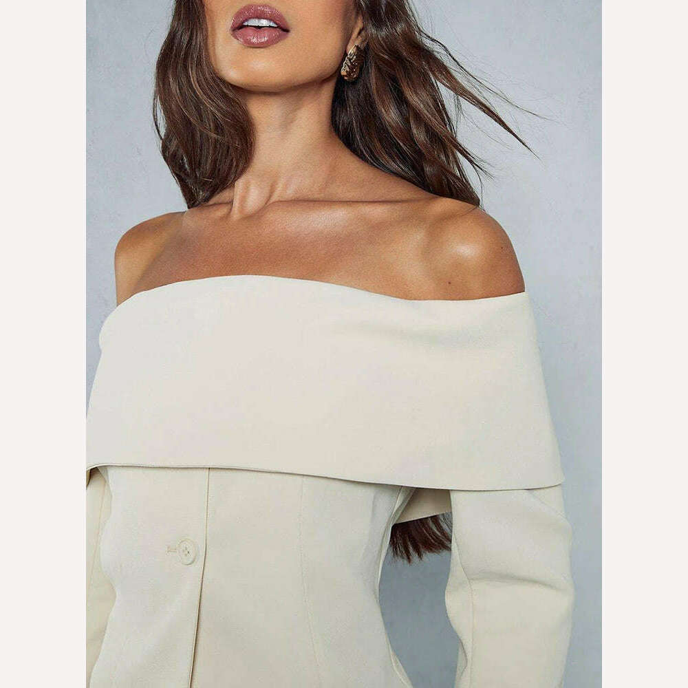 KIMLUD, LGRQ Solid Minimalist Blazers Women Slash Neck Long Sleeve Off Shoulder Spliced Button Temperament Blazer Female Fashion 19Z1878, KIMLUD Womens Clothes