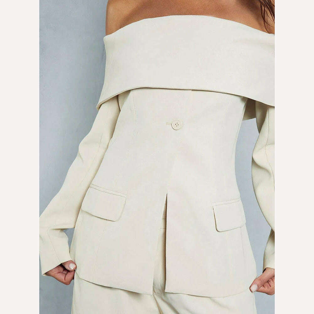 KIMLUD, LGRQ Solid Minimalist Blazers Women Slash Neck Long Sleeve Off Shoulder Spliced Button Temperament Blazer Female Fashion 19Z1878, KIMLUD Womens Clothes