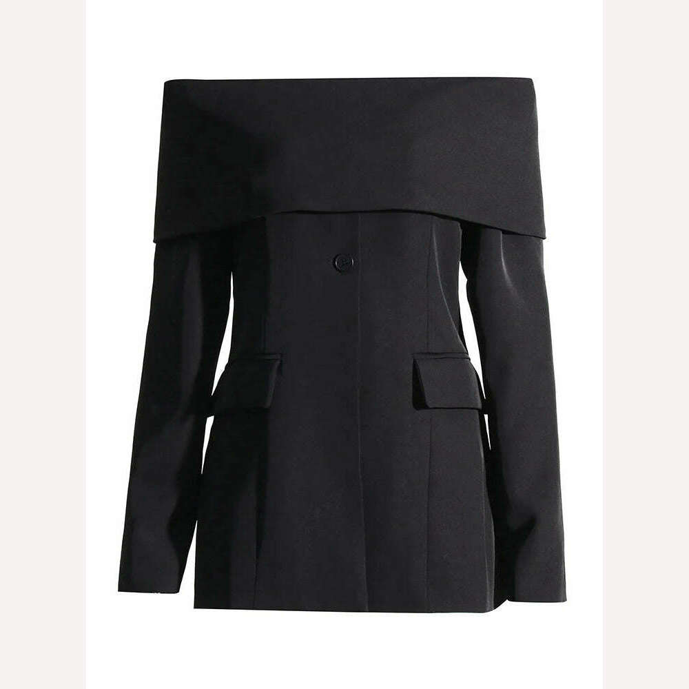 KIMLUD, LGRQ Solid Minimalist Blazers Women Slash Neck Long Sleeve Off Shoulder Spliced Button Temperament Blazer Female Fashion 19Z1878, KIMLUD Womens Clothes