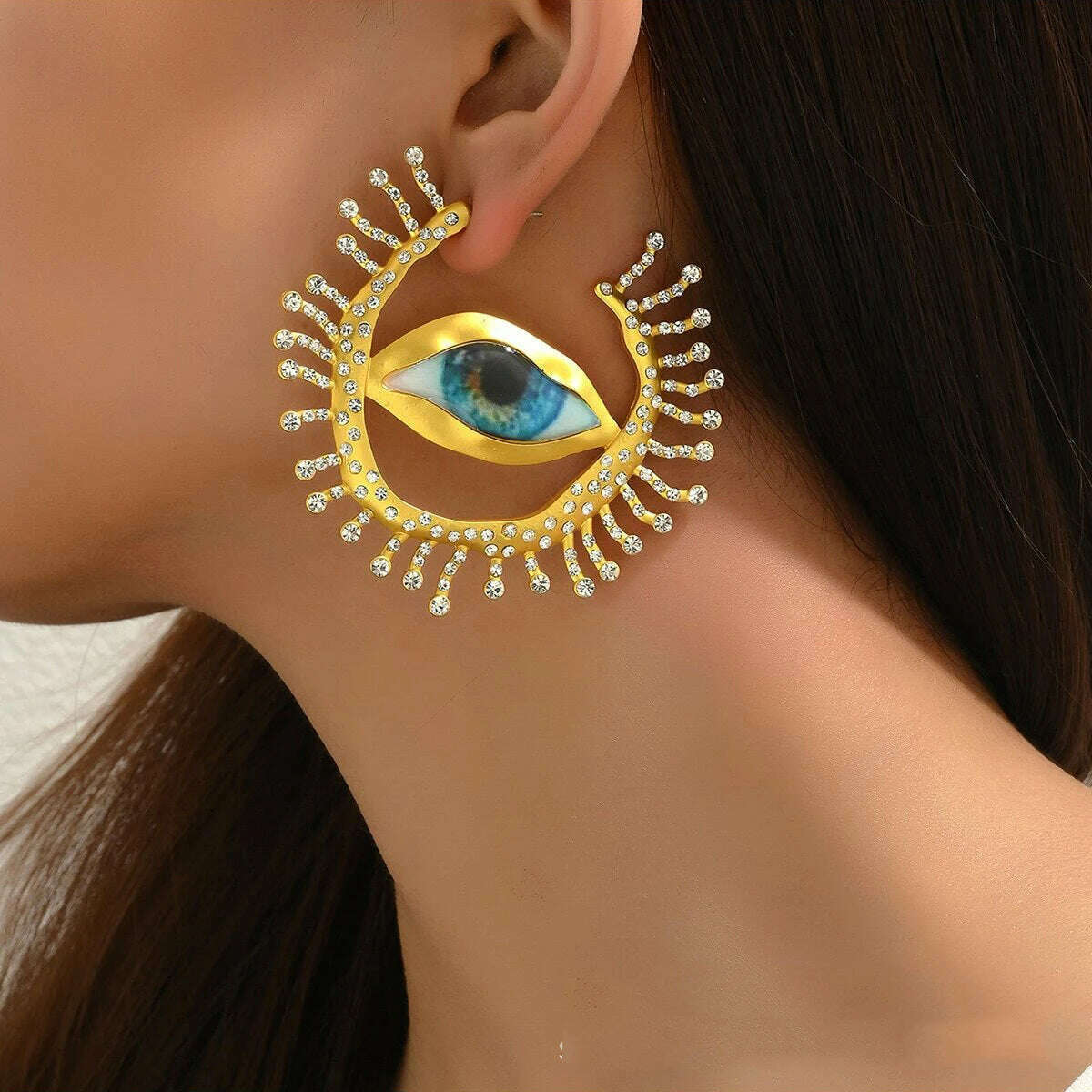 KIMLUD, Lifefontier Vintage Full Rhinestone Devil's Eye Hoop Earrings For Women New Asymmetric Alien Pupil Big Earring Party  Jewelry, KIMLUD Womens Clothes