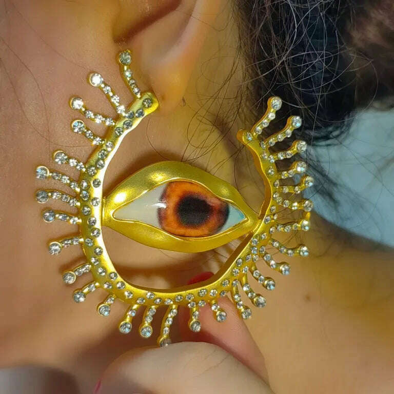 KIMLUD, Lifefontier Vintage Full Rhinestone Devil's Eye Hoop Earrings For Women New Asymmetric Alien Pupil Big Earring Party  Jewelry, KIMLUD Womens Clothes