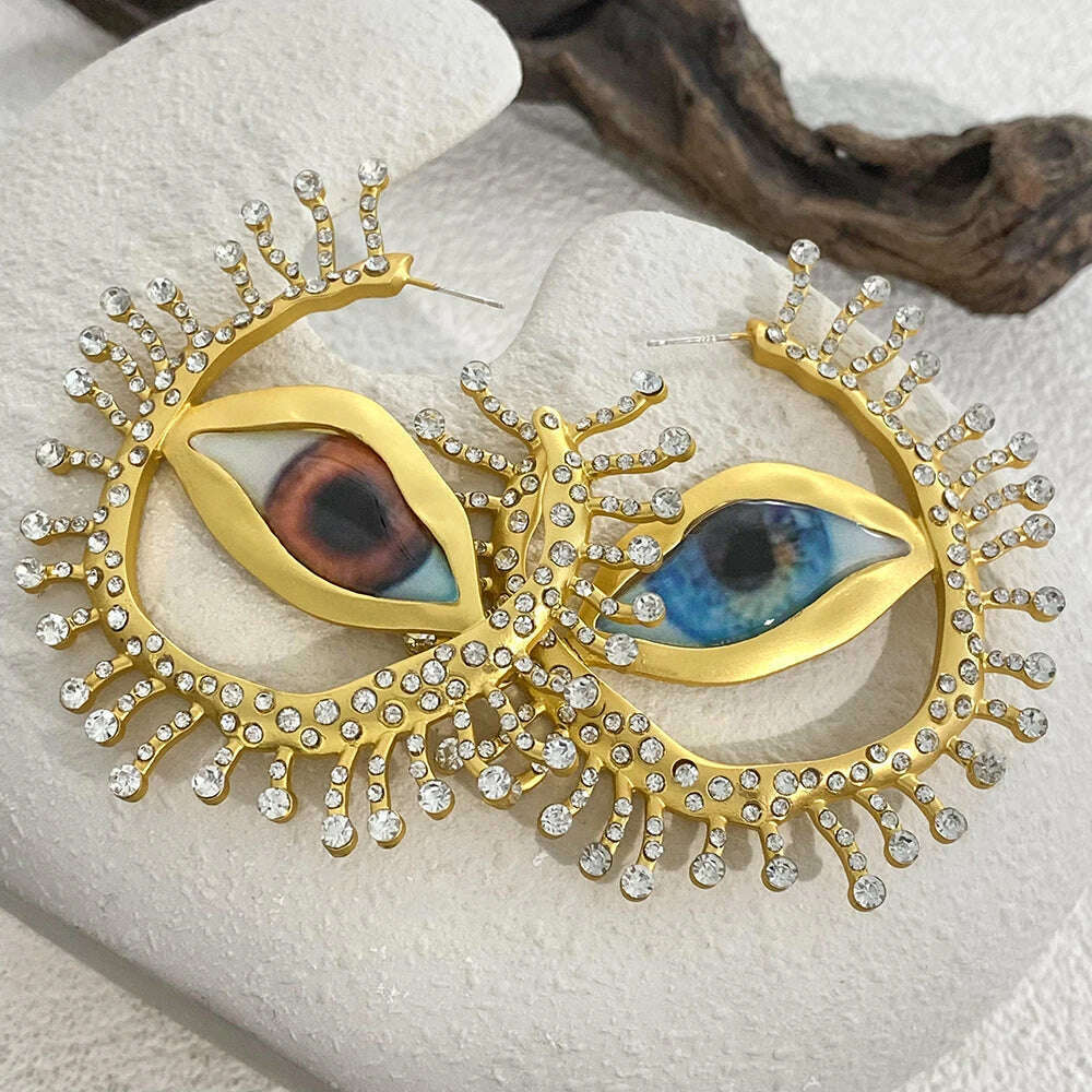 KIMLUD, Lifefontier Vintage Full Rhinestone Devil's Eye Hoop Earrings For Women New Asymmetric Alien Pupil Big Earring Party  Jewelry, Gold, KIMLUD Womens Clothes