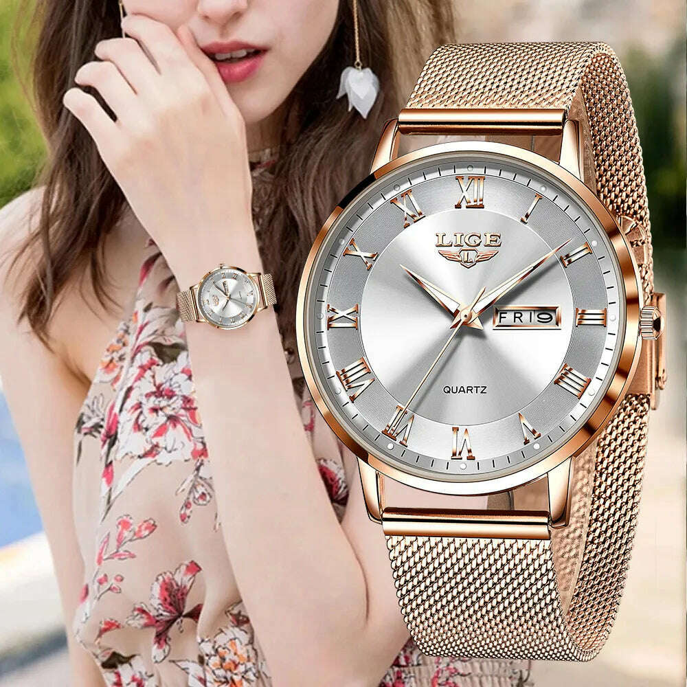 KIMLUD, LIGE Brand Women Watches Ultra-thin Luxury Quartz Watch Fashion Ladies Clock Stainless Steel Waterproof Calendar Week Wristwatch, KIMLUD Women's Clothes
