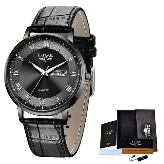 KIMLUD, LIGE Brand Women Watches Ultra-thin Luxury Quartz Watch Fashion Ladies Clock Stainless Steel Waterproof Calendar Week Wristwatch, Leather black / China, KIMLUD Womens Clothes