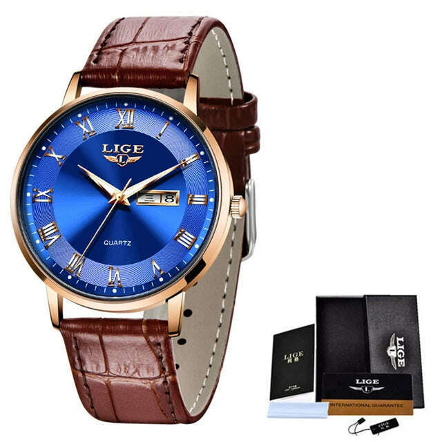 KIMLUD, LIGE Brand Women Watches Ultra-thin Luxury Quartz Watch Fashion Ladies Clock Stainless Steel Waterproof Calendar Week Wristwatch, Leather gold blue / China, KIMLUD Womens Clothes