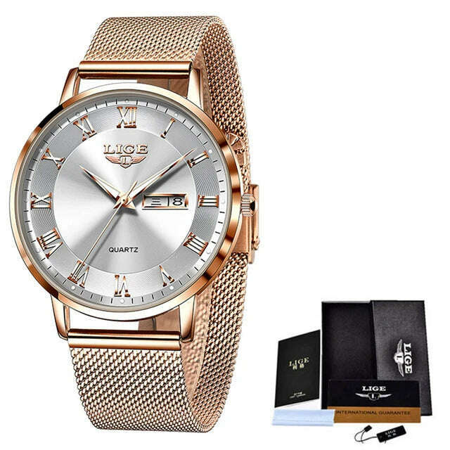 KIMLUD, LIGE Brand Women Watches Ultra-thin Luxury Quartz Watch Fashion Ladies Clock Stainless Steel Waterproof Calendar Week Wristwatch, Rose gold white / China, KIMLUD Womens Clothes