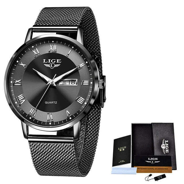 KIMLUD, LIGE Brand Women Watches Ultra-thin Luxury Quartz Watch Fashion Ladies Clock Stainless Steel Waterproof Calendar Week Wristwatch, black / China, KIMLUD Womens Clothes