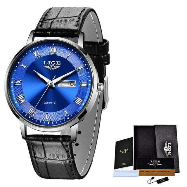 KIMLUD, LIGE Brand Women Watches Ultra-thin Luxury Quartz Watch Fashion Ladies Clock Stainless Steel Waterproof Calendar Week Wristwatch, Leather black blue / China, KIMLUD Womens Clothes